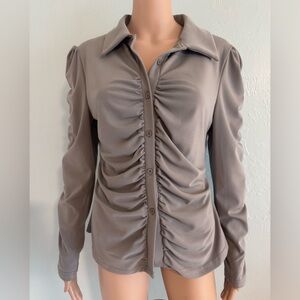 SHEIN grey long sleeve ruched button down blouse L